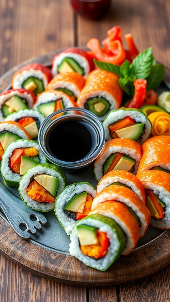 Colorful vegan sushi rolls sliced on a wooden platter, served with soy sauce, pickled ginger, and wasabi.